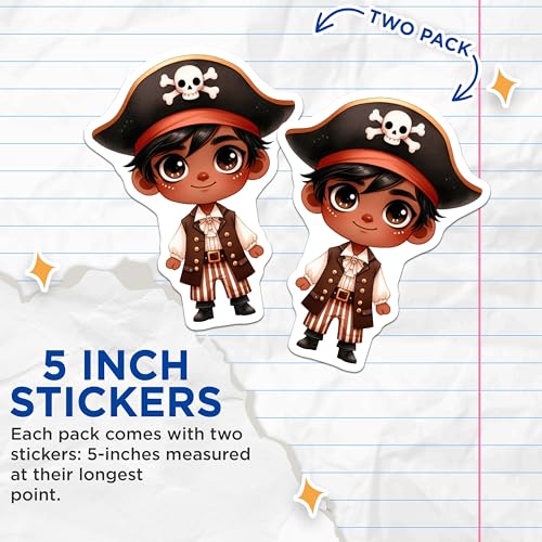 (2 Pack) Cute Pirate Stickers - Pirate Character - Adorable Cartoon - 5" On Longest Side - Sticks to Smooth Flat Surfaces - Made in USA - BMCS6481