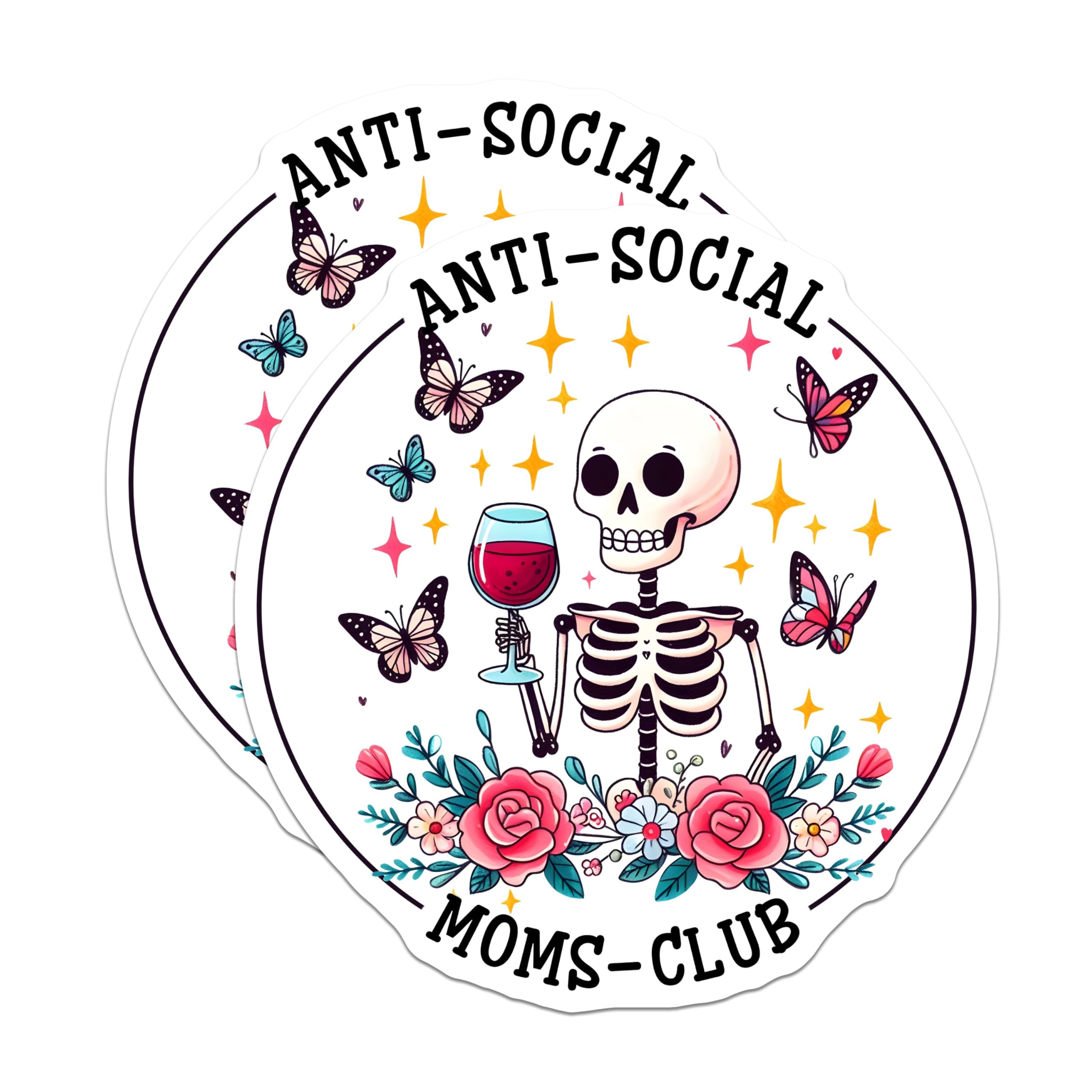 (2 Pack) Anti-Social Moms Club Stickers - Skeleton Holding Wine - Funny Mom Vinyl Decal - 5" On Longest Side - Sticks to Smooth Flat Surfaces - Made in USA - BMCS9774