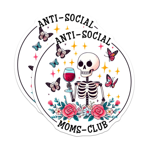 (2 Pack) Anti-Social Moms Club Stickers - Skeleton Holding Wine - Funny Mom Vinyl Decal - 5" On Longest Side - Sticks to Smooth Flat Surfaces - Made in USA - BMCS9774