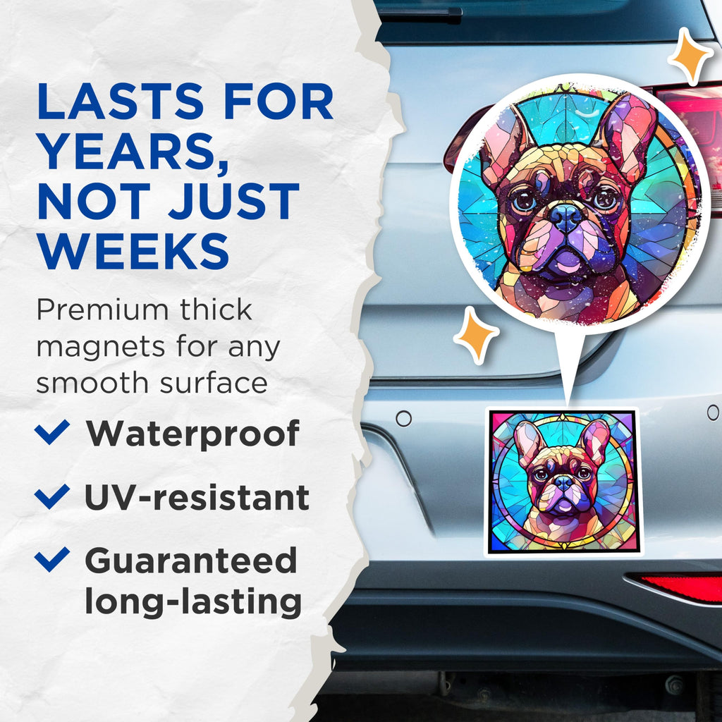 (2 Pack) French Bulldog Magnets - Stained Glass Dog - Artistic Home Decor - 5" On Longest Side - Premium Magnet - for Cars, Refrigerators, Toolboxes, Lockers - Made in USA - MAG16301