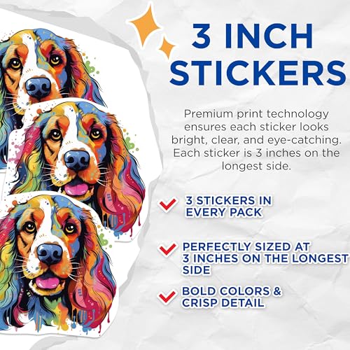 (3 Pack) Cocker Spaniel Decals - Colorful Dog Decal - Laptop Decals - 3 Inches On Longest Side - Easy Peel & Apply - Made in USA - 3MCS0726