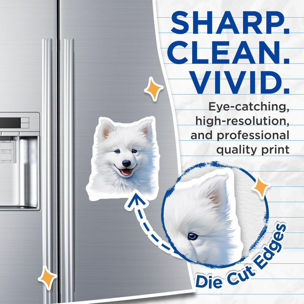 (2 Pack) Samoyed Puppy Magnets - Adorable Fluffy Dog Art - Dog Mom Fridge Accent - 5 Inches On Longest Side - Thick Durable Magnet - Made in USA - MAG25539