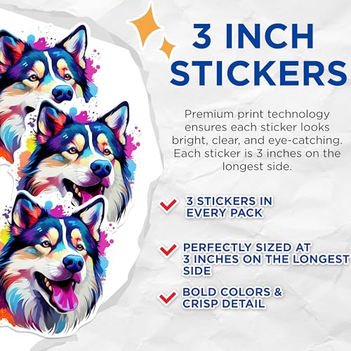 (3 Pack) Husky Dog Decals - Laptop Decal - Colorful Decal - 3 Inches On Longest Side - Easy Peel & Apply - Made in USA - 3MCS0624