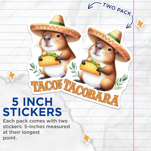 (2 Pack) Funny Capybara Stickers - Cute Animal Stickers - Taco Lover Stickers - 5" On Longest Side - Sticks to Any Smooth Flat Surface - Made in USA - BMCS3258
