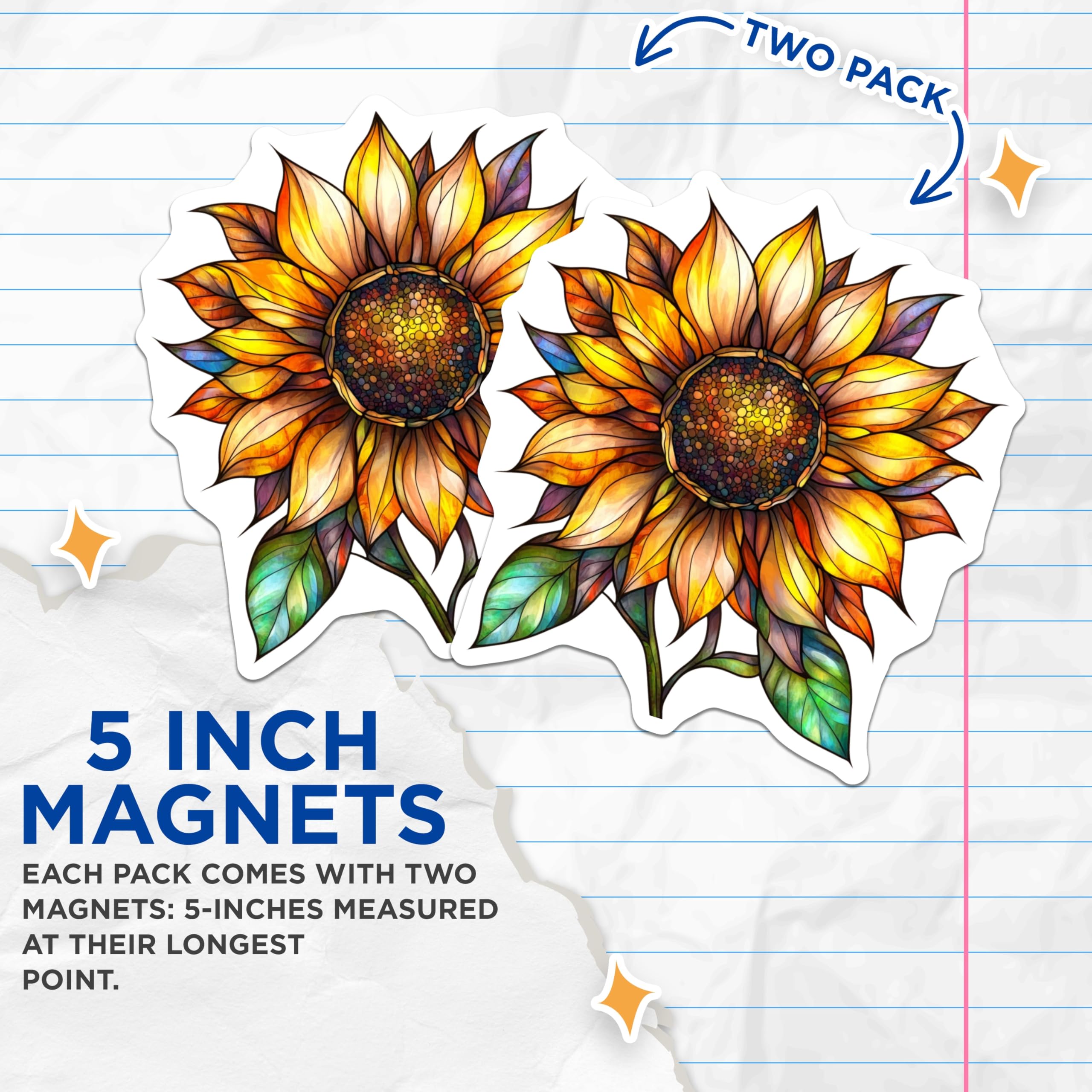 (2 Pack) Stained Glass Sunflower Magnets - Mosaic Style Floral Art - Vibrant Fridge Locker Accent Decor - 5 Inches On Longest Side - Thick Durable Magnet - Made in USA - MAG24924