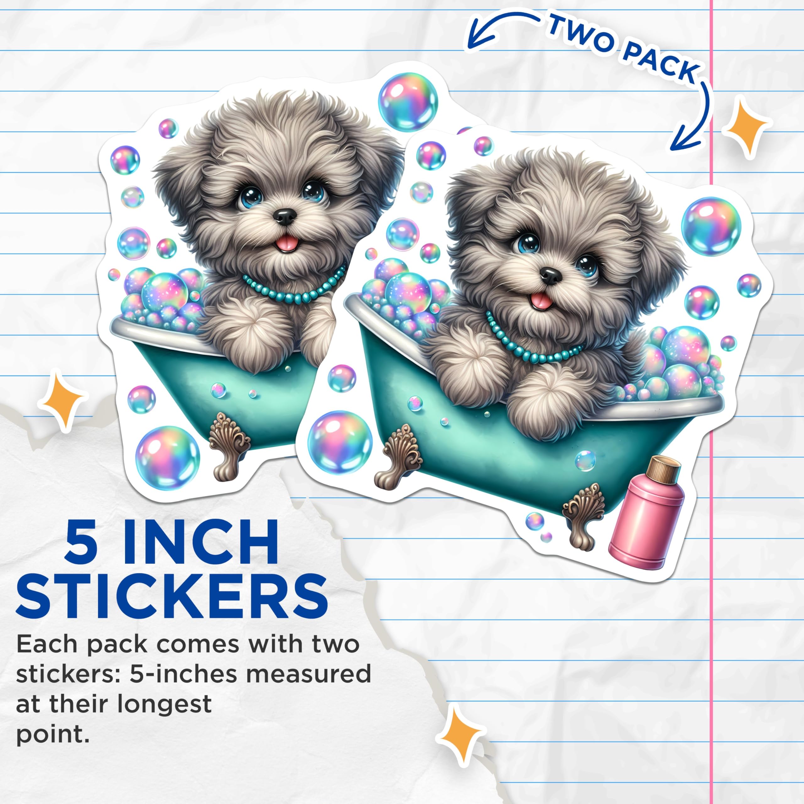 (2 Pack) Adorable Puppy Bathtub Stickers - Cute Dog in Bubbles - Fun Pet Art for Kids - 5" On Longest Side - Sticks to Smooth Flat Surfaces - Made in USA - BMCS9426