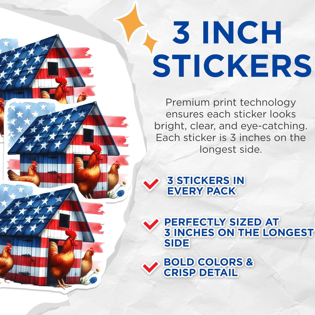 (3 Pack) Chicken Decals - Patriotic Rooster - American Flag Decals - 3 Inches On Longest Side - Easy Peel & Apply - Made in USA - 3MCS6048