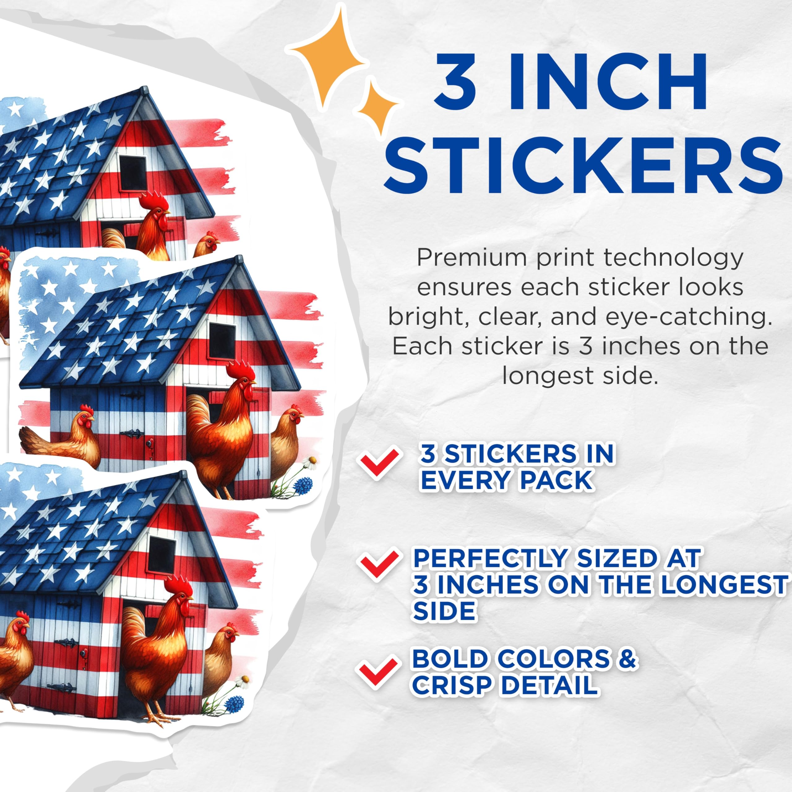 (3 Pack) Chicken Decals - Patriotic Rooster - American Flag Decals - 3 Inches On Longest Side - Easy Peel & Apply - Made in USA - 3MCS6048