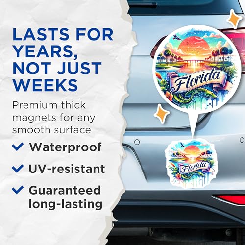 (2 Pack) Florida Travel Magnets - Sunshine State Souvenir - Scenic Palm Trees and Sunset Design (2 Pack) - 5" On Longest Side - for Cars, Fridges, Toolboxes - Made in USA - MAG6672