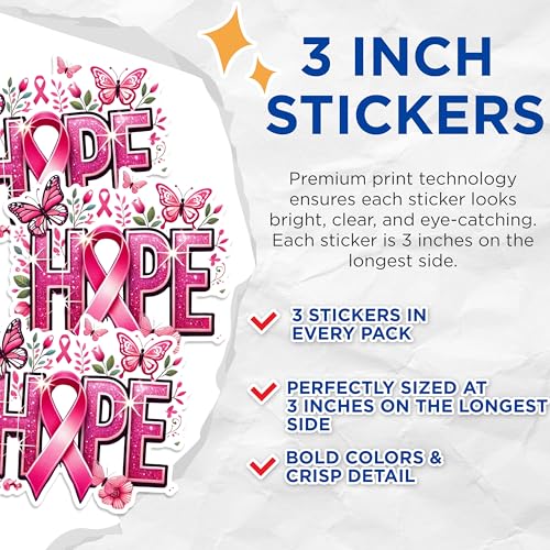 (3 Pack) Hope Ribbon Decals - Breast Cancer Awareness - Butterfly Decals - 3 Inches On Longest Side - Easy Peel & Apply - Made in USA - 3MCS1664