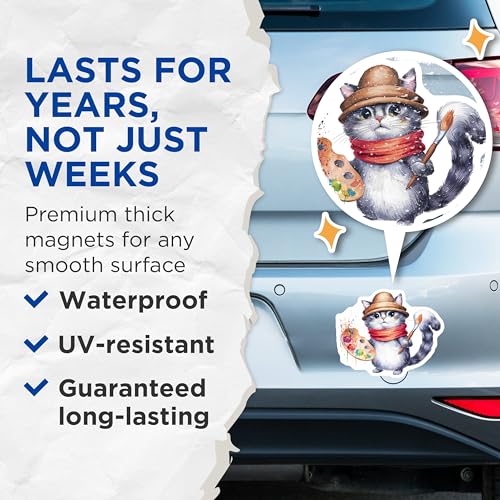 (2 Pack) Cute Cat Artist Magnets Magnets - Adorable Feline Fridge Decor - 5" On Longest Side - Made in USA - Sticks to Refrigerators & Metal Surfaces - MAG8632