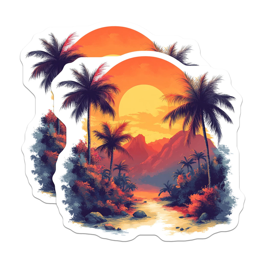 (2 Pack) Tropical Sunset Magnets - Palm Tree Landscape Art - Beachy Fridge Decor Aesthetic - 5 Inches On Longest Side - Thick Durable Magnet - Made in USA - MAG27761