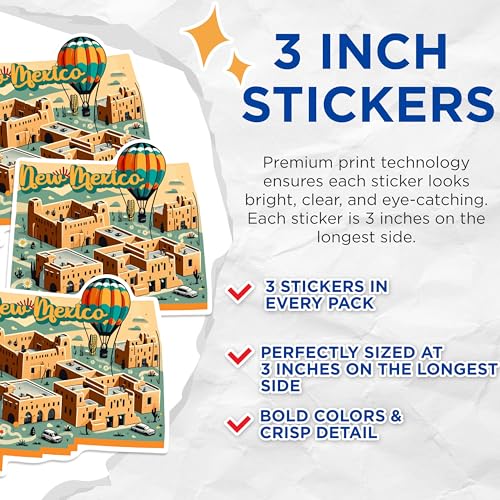 (3 Pack) New Mexico Decals - State Map - Hot Air Balloon - 3 Inches On Longest Side - Easy Peel & Apply - Made in USA - 3MCS0152
