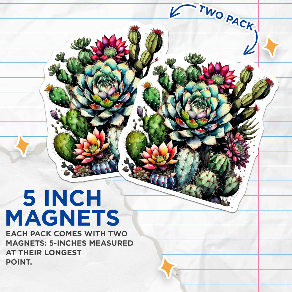 (2 Pack) Cactus Floral Magnets - Succulent Plants Decor - Southwestern Home Accent - 5" On Longest Side - Premium Magnet - for Cars, Refrigerators, Toolboxes, Lockers - Made in USA - MAG15655
