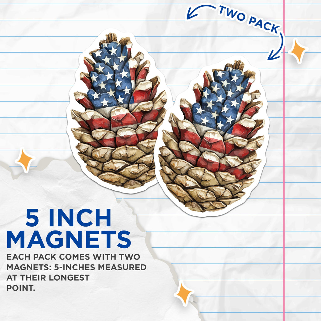 (2 Pack) American Flag Pinecone Magnets - Patriotic Decor - USA Woodland Pride - 4th of July Fridge - 5 Inches On Longest Side - Thick Durable Magnet - Made in USA - MAG19755
