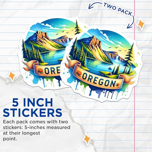 (2 Pack) Oregon Adventure Stickers - Nature Landscape - Travel Destination - 5" On Longest Side - Sticks to Smooth Flat Surfaces - Made in USA - BMCS6645