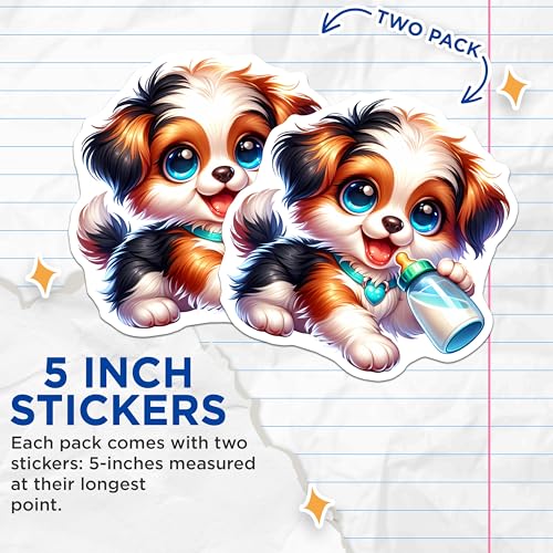 (2 Pack) Cute Puppy Stickers - Dog Lover Decals - Adorable Pet Art - 5" On Longest Side - Sticks to Smooth Flat Surfaces - Made in USA - BMCS9595