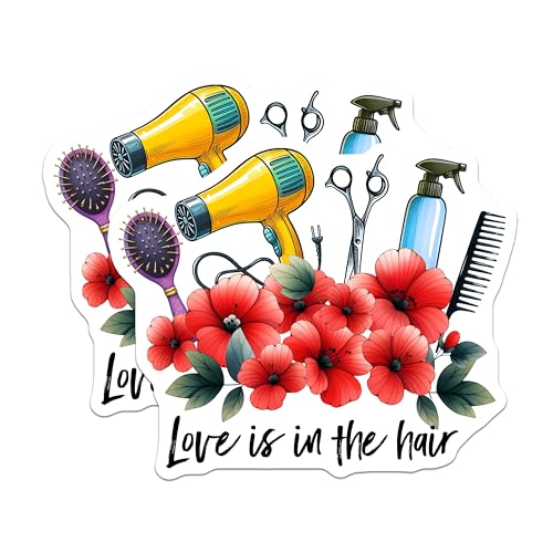 (2 Pack) Hairdresser Stickers - Love is in The Hair - Floral Salon Decor - 5" On Longest Side - Sticks to Smooth Flat Surfaces - Made in USA - BMCS7563