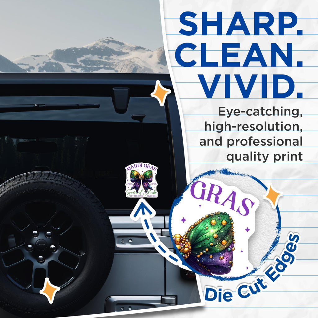 (2 Pack) Mardi Gras Social Club Stickers - Let The Good Times Roll Stickers - Life of The Mardi Stickers - 5" On Longest Side - Sticks to Any Smooth Flat Surface - Made in USA - BMCS3404