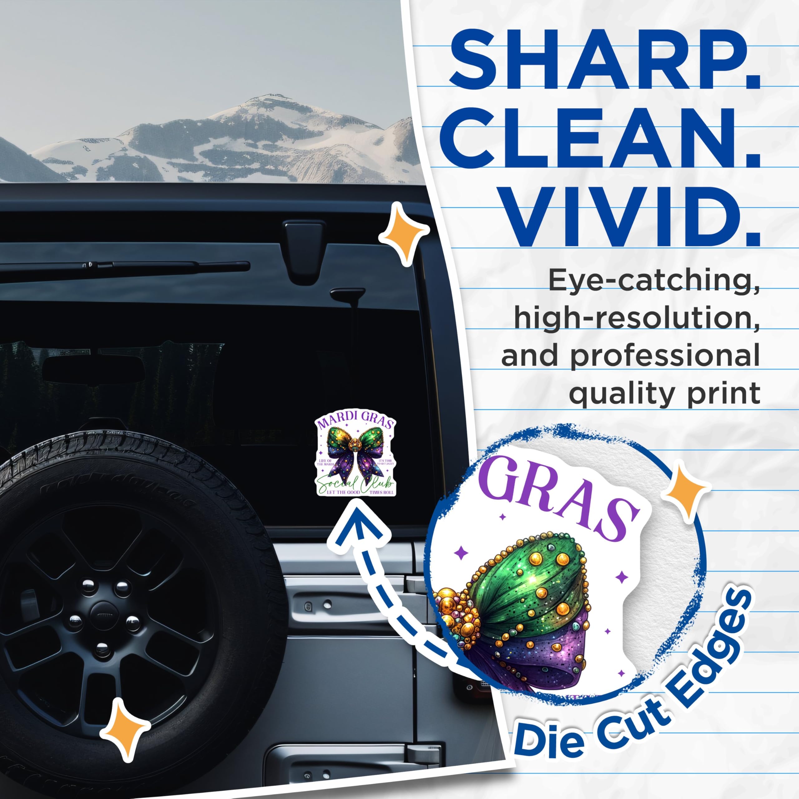 (2 Pack) Mardi Gras Social Club Stickers - Let The Good Times Roll Stickers - Life of The Mardi Stickers - 5" On Longest Side - Sticks to Any Smooth Flat Surface - Made in USA - BMCS3404