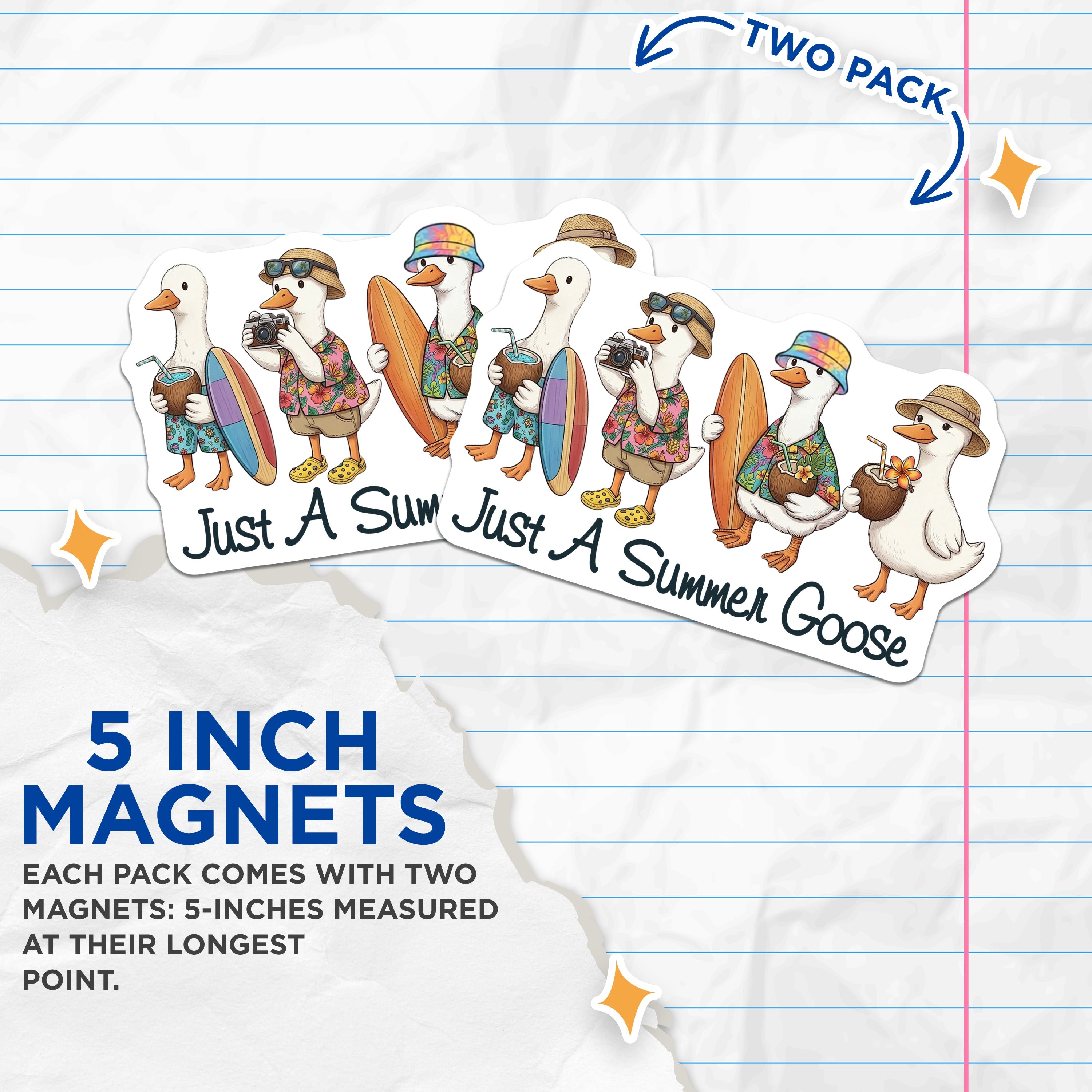 (2 Pack) Cute Summer Goose Magnets - Beach Vacation Refrigerator Decor - Tropical Animal Kitchen Accessory Set - 5 Inches On Longest Side - Thick Durable Magnet - Made in USA - MAG37074