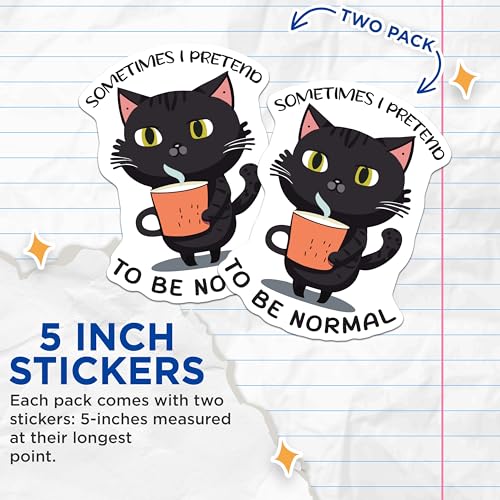 (2 Pack) Funny Cat Stickers - Sometimes I Pretend to Be Normal - Cute Black Cat Mug Sticker - 5" On Longest Side - Sticks to Smooth Flat Surfaces - Made in USA - BMCS5947