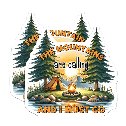 (2 Pack) The Mountains are Calling Magnets - Campfire Magnets - Outdoor Adventure Magnets - 5" On Longest Side - for Cars, Refrigerators, Toolboxes, Lockers - Made in USA BMCS3270