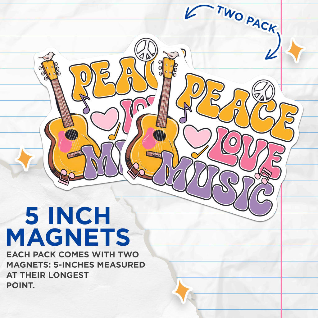 (2 Pack) Peace Love Music Magnets - Guitar Bird Decor - Retro Style Peace Sign - 5" On Longest Side - Premium Magnet - for Cars, Refrigerators, Toolboxes, Lockers - Made in USA - MAG14912