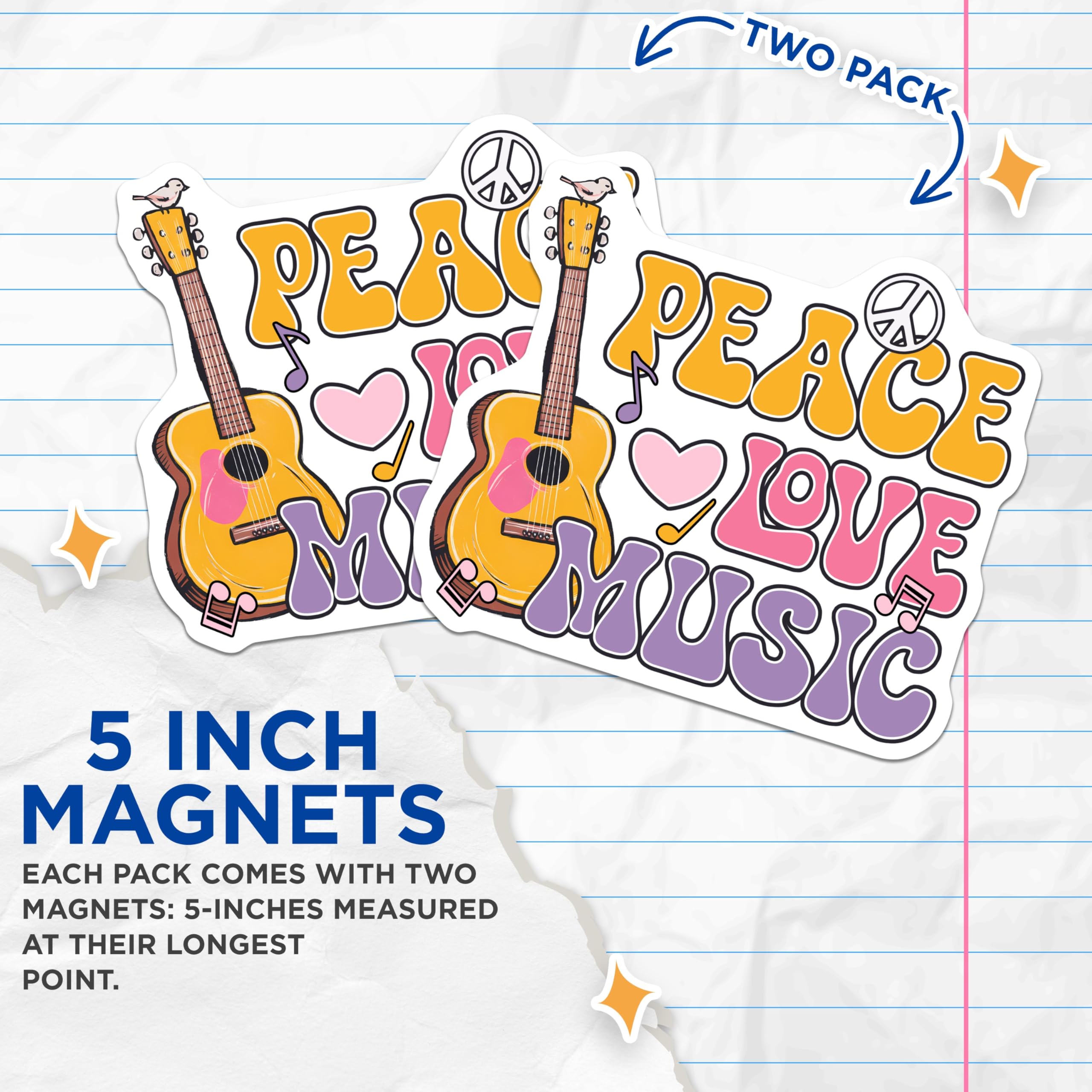 (2 Pack) Peace Love Music Magnets - Guitar Bird Decor - Retro Style Peace Sign - 5" On Longest Side - Premium Magnet - for Cars, Refrigerators, Toolboxes, Lockers - Made in USA - MAG14912