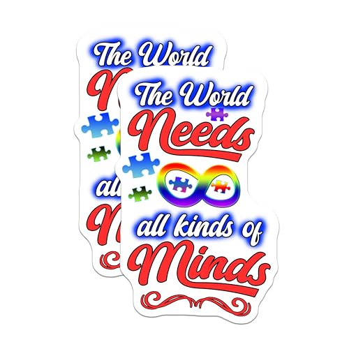 (2 Pack) Motivational Stickers - Autism Awareness - The World Needs All Kinds of Minds Stickers - 5" On Longest Side - Sticks to Smooth Flat Surfaces - Made in USA - BMCS6549