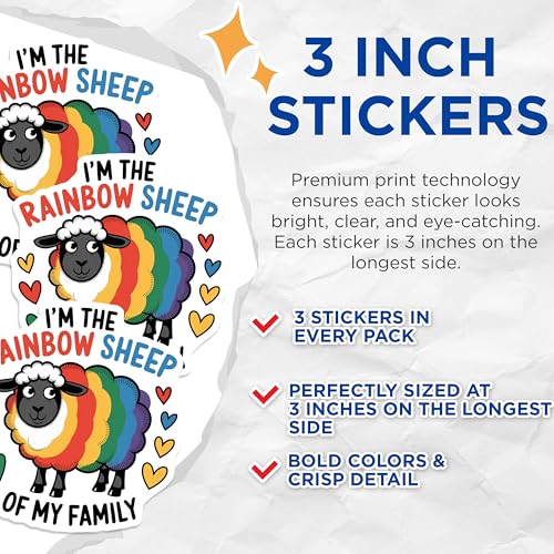 (3 Pack) Rainbow Sheep Decals - LGBT Pride - Unique Laptop Stickers - 3 Inches On Longest Side - Easy Peel & Apply - Made in USA - 3MCS7928