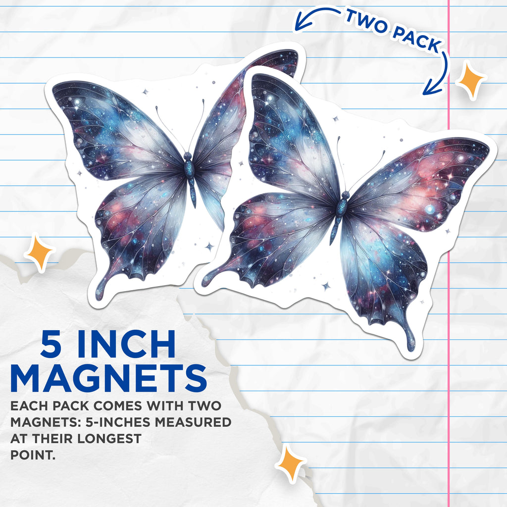 (2 Pack) Galaxy Butterfly Magnets - Cosmic Aesthetic Decor - Ethereal Space Art - 5 Inches On Longest Side - Thick Durable Magnet - Made in USA - MAG37757