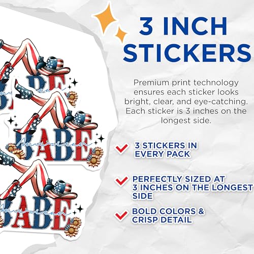 (3 Pack) American Babe Decals - Patriotic Cowgirl - 4th of July Decals - 3 Inches On Longest Side - Easy Peel & Apply - Made in USA - 3MCS1928