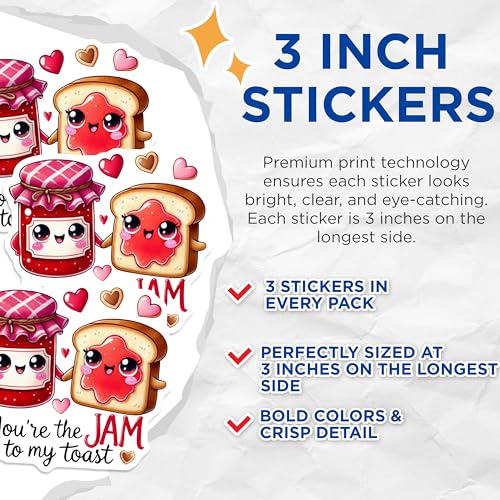 (3 Pack) Jam and Toast Decals - Cute Food Pun - Couple Stickers - 3 Inches On Longest Side - Easy Peel & Apply - Made in USA - 3MCS2292