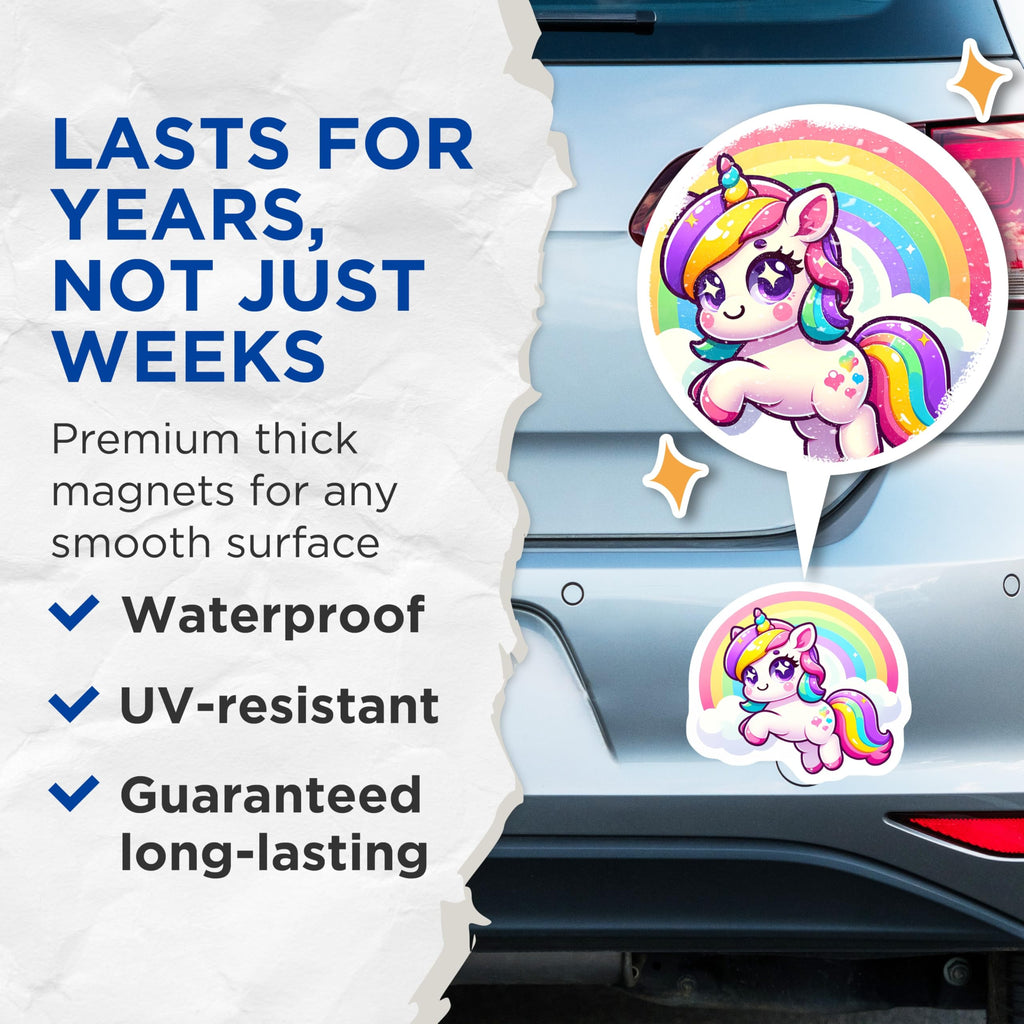 (2 Pack) Adorable Unicorn Magnets - Vibrant Rainbow Fantasy Creature - Whimsical Magical Animal Refrigerator Decor - 5 Inches On Longest Side - Thick Durable Magnet - Made in USA - MAG22690