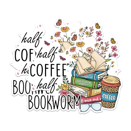 (2 Pack) Coffee Lover Stickers - Bookworm Stickers - Reading and Coffee Art - 5" On Longest Side - Sticks to Any Smooth Flat Surface - Made in USA - BMCS2877