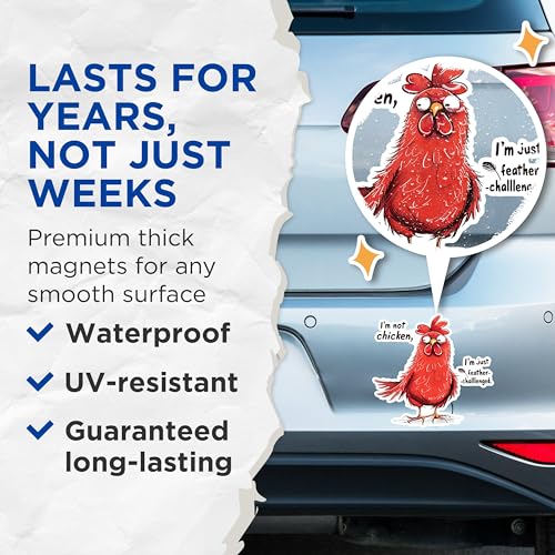 (2 Pack) I'm Not Chicken Magnets - Feather-Challenged Joke Magnets - Funny Animal Magnets for Fridge- 5" On Longest Side - for Fridges, Toolboxes, Cars - Made in USA - MAG2603