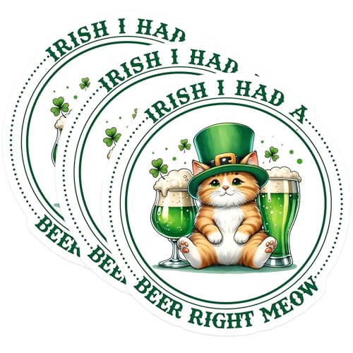 (3 Pack) Irish Cat Beer Decals - St Patricks Day - Lucky Kitten Laptop Decal - 3 Inches On Longest Side - Easy Peel & Apply - Made in USA - 3MCS6875