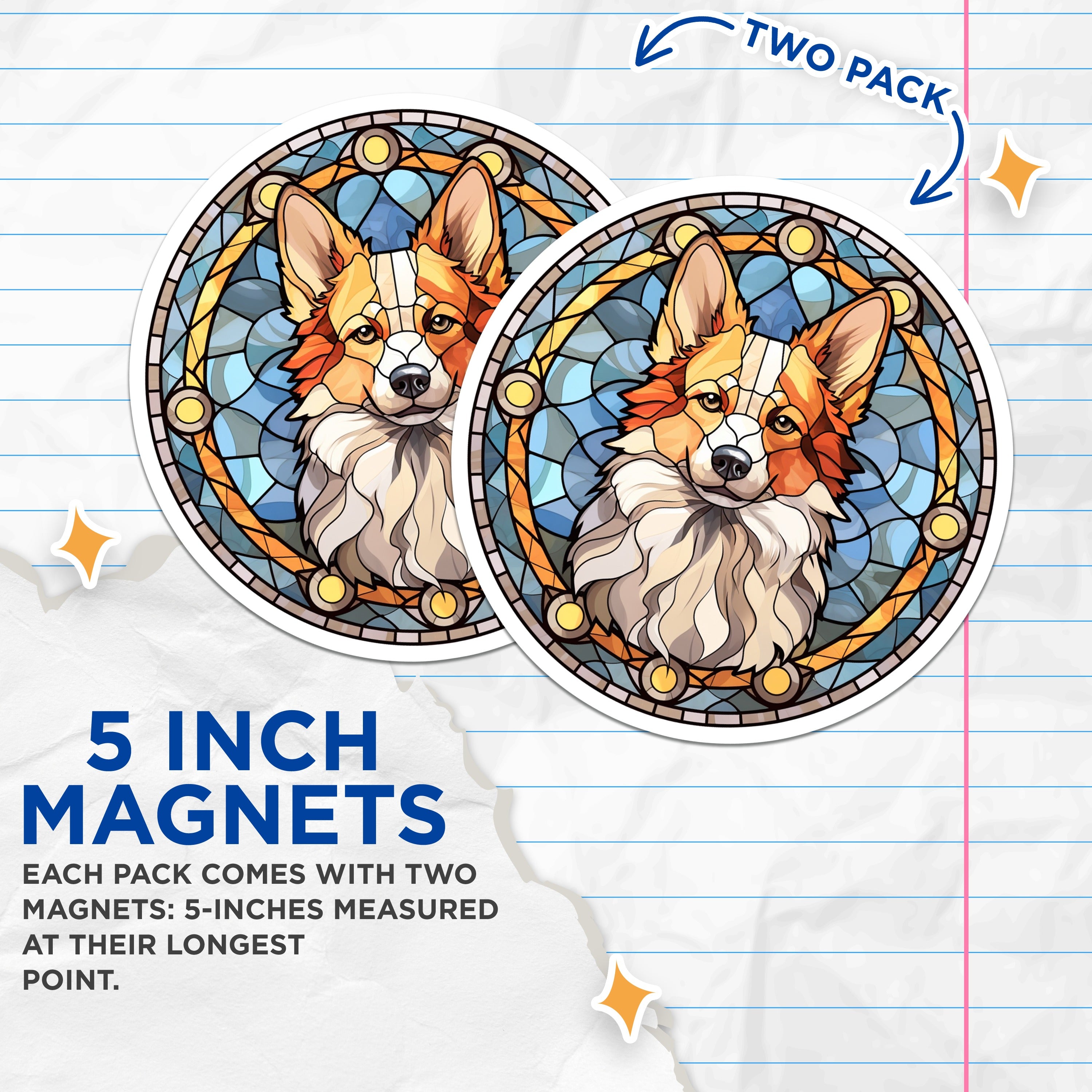 (2 Pack) Corgi Stained Glass Magnets - Dog Lover Decor - Pet Memorial Art - Cute Corgi Fridge Magnets - 5 Inches On Longest Side - Thick Durable Magnet - Made in USA - MAG38063