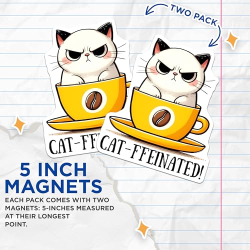 (2 Pack) Catfffeinated Cat Magnets - Cute Coffee Cat Magnets - Funny Animal Magnets for Fridge - 5" On Longest Side - for Cars, Refrigerators, Toolboxes, Lockers - Made in USA BMCS3294