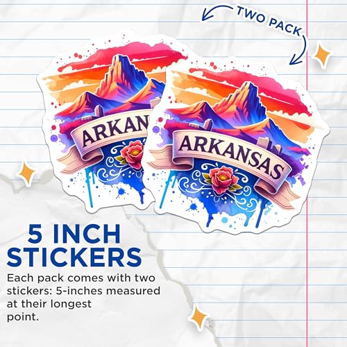 (2 Pack) Arkansas Travel Stickers - Scenic Illustrations - Souvenir Vinyl Stickers - 5" On Longest Side - Sticks to Smooth Flat Surfaces - Made in USA - BMCS6911