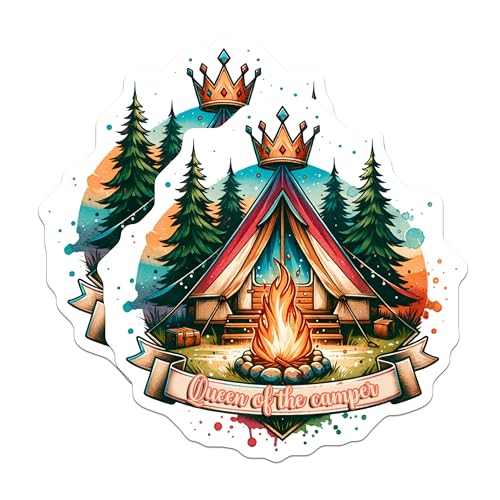 (2 Pack) Queen of The Camper Stickers - Camper Van Life - Camping Adventure Stickers - Outdoors Enthusiasts Stickers - 5" On Longest Side - Sticks to Smooth Flat Surfaces - Made in USA - BMCS6769