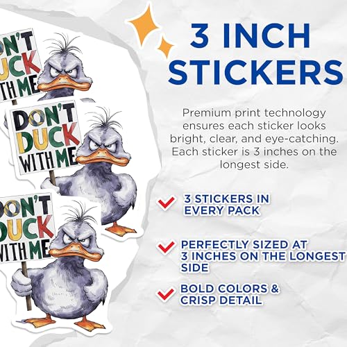 (3 Pack) Angry Duck Decals - Funny Bird - Laptop Stickers - 3 Inches On Longest Side - Easy Peel & Apply - Made in USA - 3MCS7309