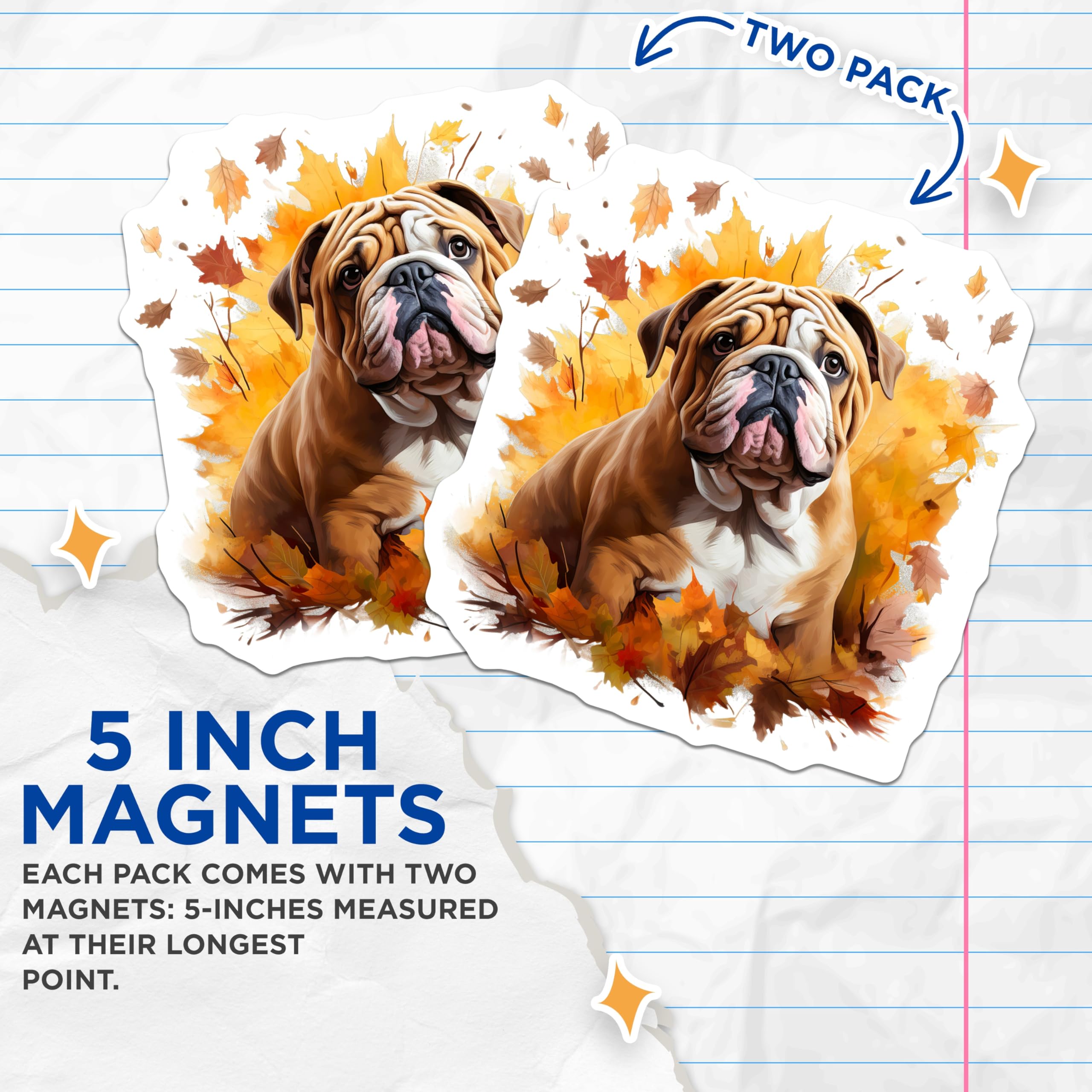 (2 Pack) Bulldog Fall Magnets - Autumn Dog Decor - Pet Lover Kitchen Accessories - English Bulldog Art - 5 Inches On Longest Side - Thick Durable Magnet - Made in USA - MAG26001