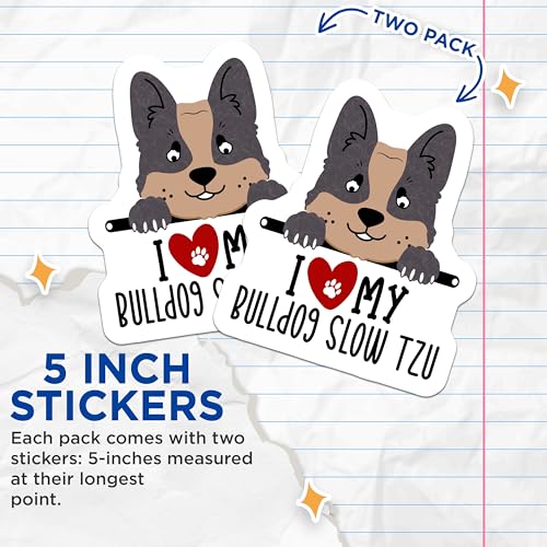 (2 Pack) I Love My Bulldog Stickers - Cute Dog Stickers - Animal Lover Vinyl Decals - 5" On Longest Side - Sticks to Smooth Flat Surfaces - Made in USA - BMCS4303