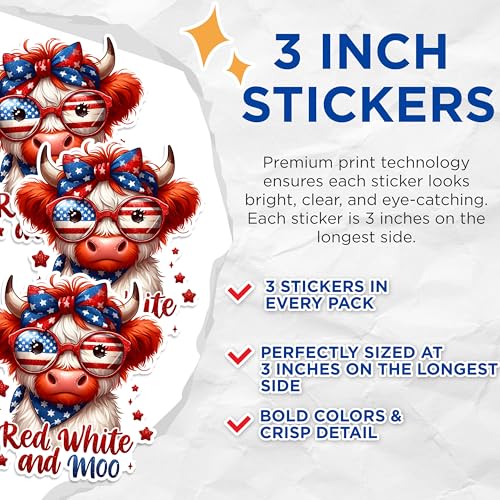 (3 Pack) Highland Cow Decals - Patriotic Cow - 4th of July Stickers - 3 Inches On Longest Side - Easy Peel & Apply - Made in USA - 3MCS1543