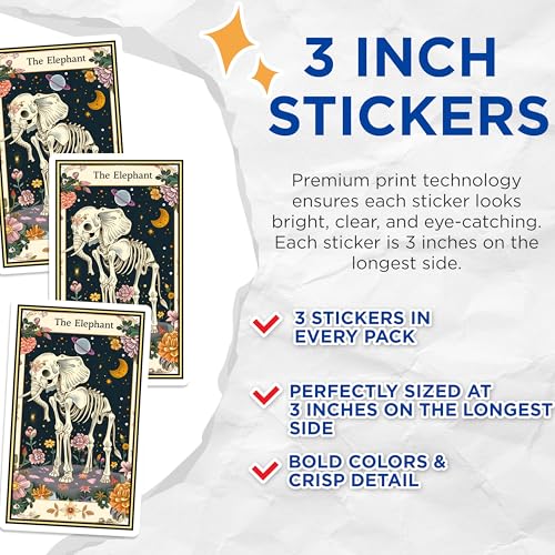 (3 Pack) Elephant Skeleton Decals - Floral Bone Art - Celestial Elephant Decal - 3 Inches On Longest Side - Easy Peel & Apply - Made in USA - 3MCS2470