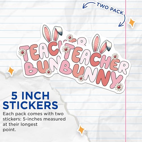 (2 Pack) Teacher Bunny Stickers - Cute Bunny Ears - Teacher Appreciation - 5" On Longest Side - Sticks to Smooth Flat Surfaces - Made in USA - BMCS8143
