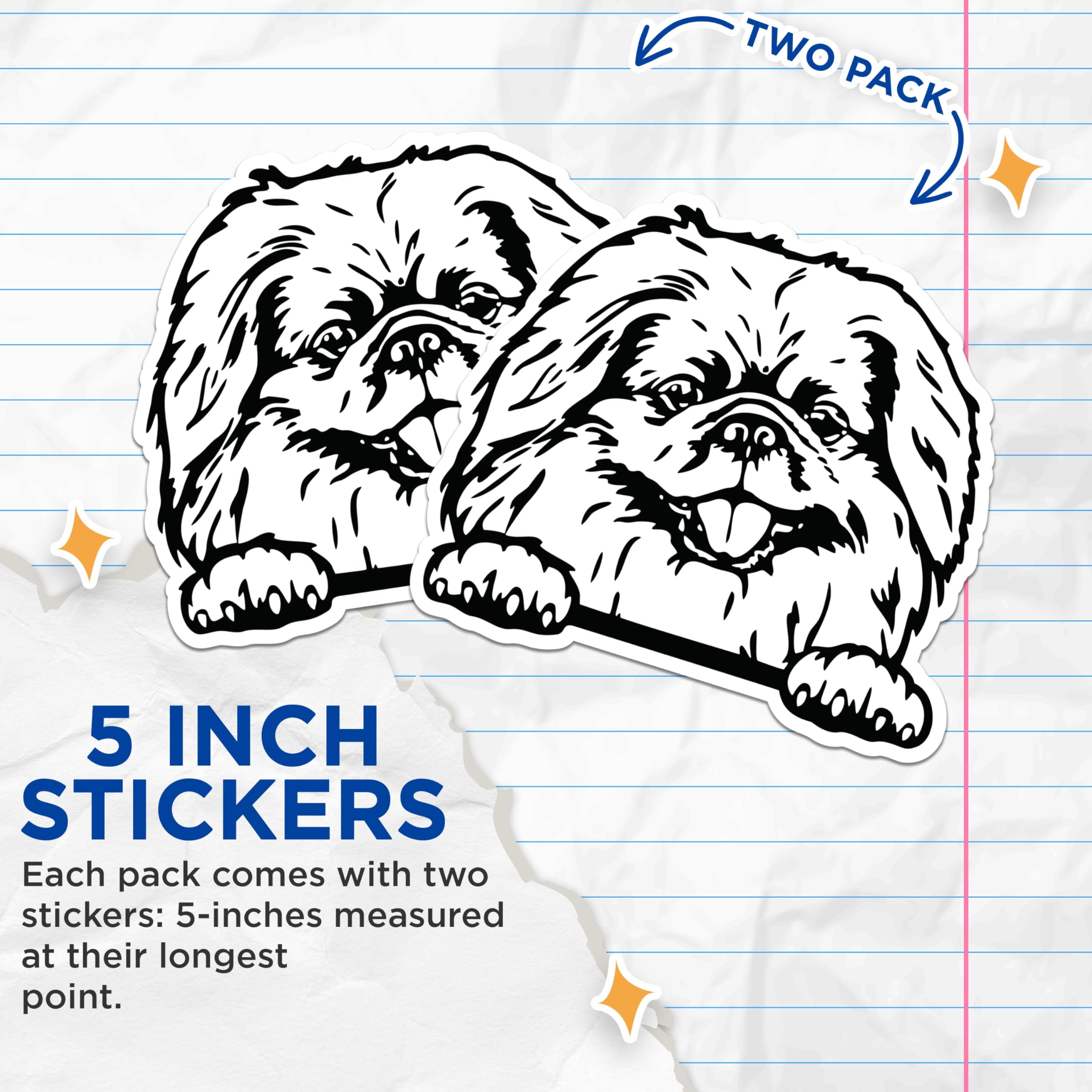 (2 Pack) Cute Pekingese Dog Stickers - Adorable Pet Stickers - Puppy Illustration Decal Stickers for Water Bottle - 5" On Longest Side - Sticks to Smooth Flat Surfaces - Made in USA - BMCS4047