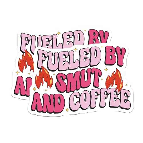 (2 Pack) Fueled by Smut and Coffee Stickers - Quirky Funny Stickers - Unique Quote Vinyl Decal - 5" On Longest Side - Sticks to Smooth Flat Surfaces - Made in USA - BMCS3923